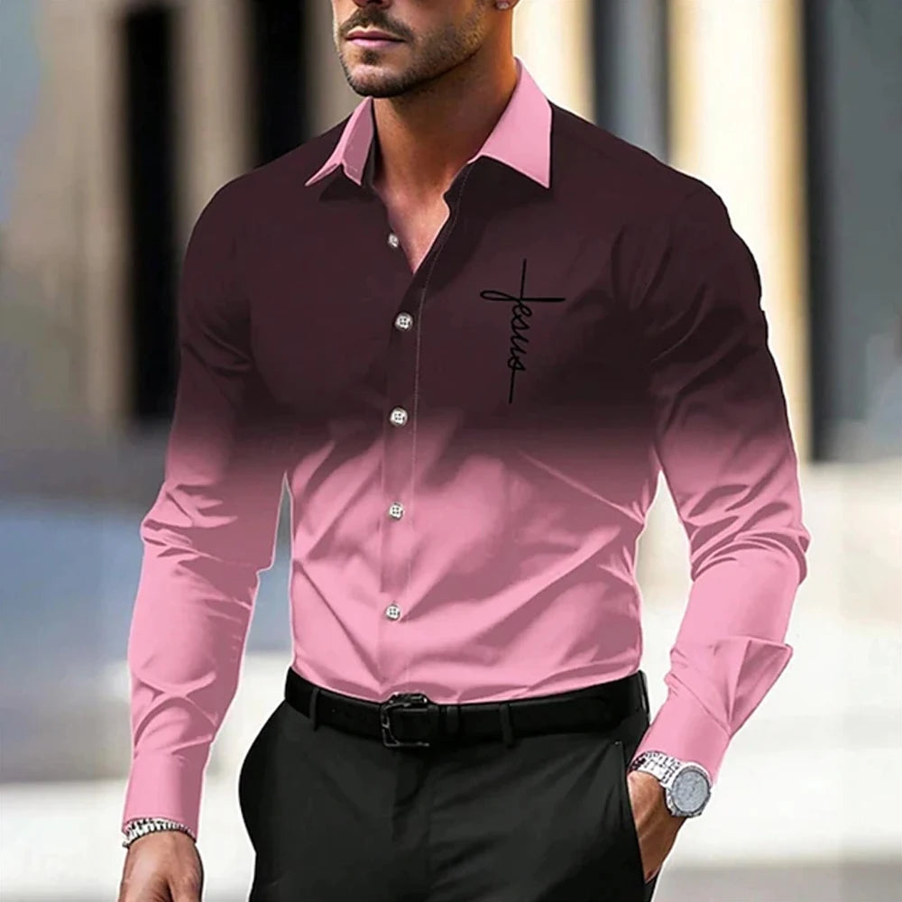 New Spring Autumn Men Clothes Long Sleeve Gradient Color 3D Digital Print Shirt Men Casual Fashion Tops