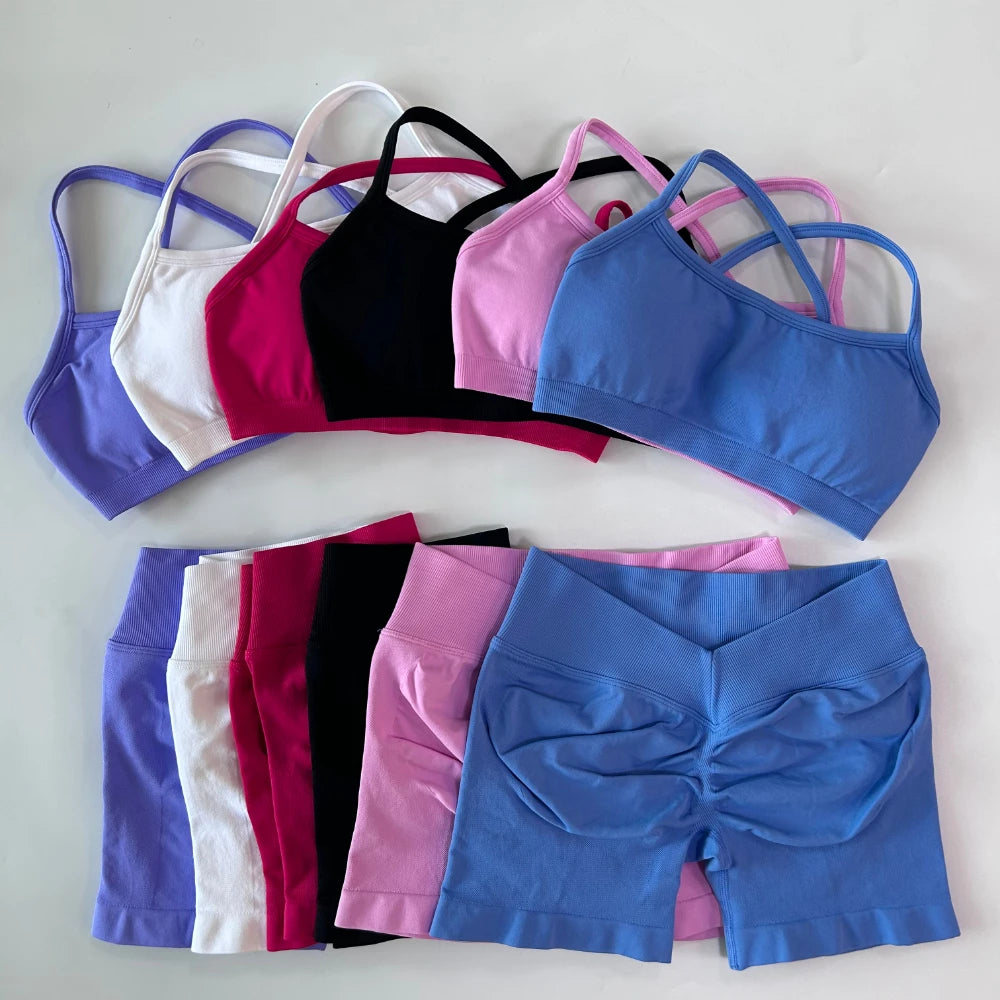 2 Pieces Set For Woman Clothes Seamless Scrunch Yoga Shorts Set Backless ktp Sports Bra Fitness Workout Top Gym Set Outfits