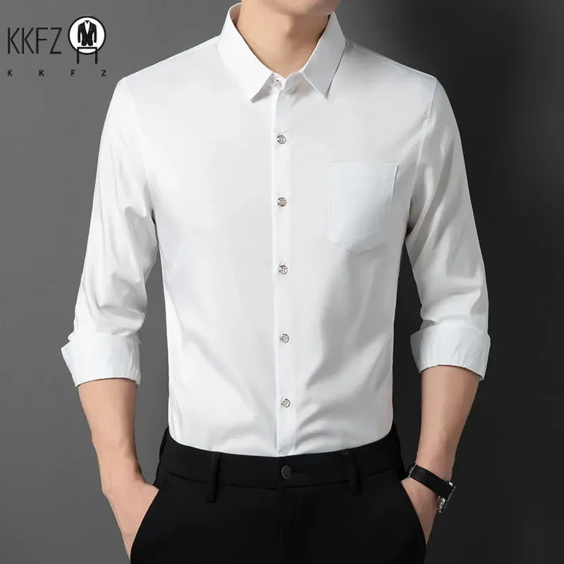 Men's New Casual and Fashionable Long Sleeved Shirt with Pockets Comfortable Wrinkle Resistant and Iron Free Collared Shirt