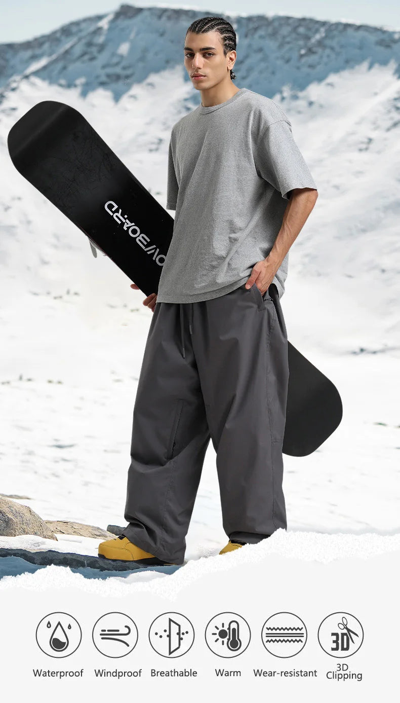 Gsou Snow 2025 Unisex Loose Fit Cargo Ski Pants - Waterproof Windproof Snowboard Trousers for Men & Women Winter Snow Gear