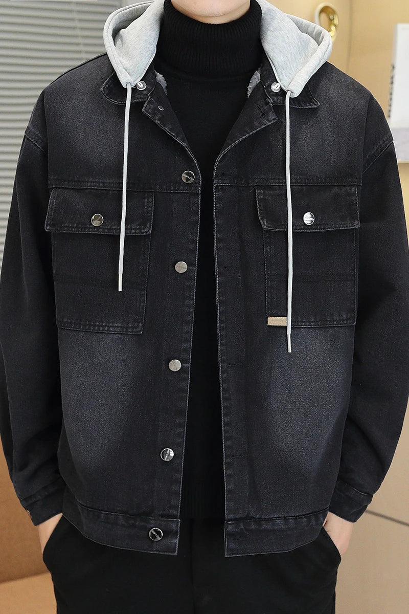 Winter Men's Denim Jacket Thicken Fleece Warm Coats Fashion Classic Hooded Slim Biker Jeans Jacket Outwear