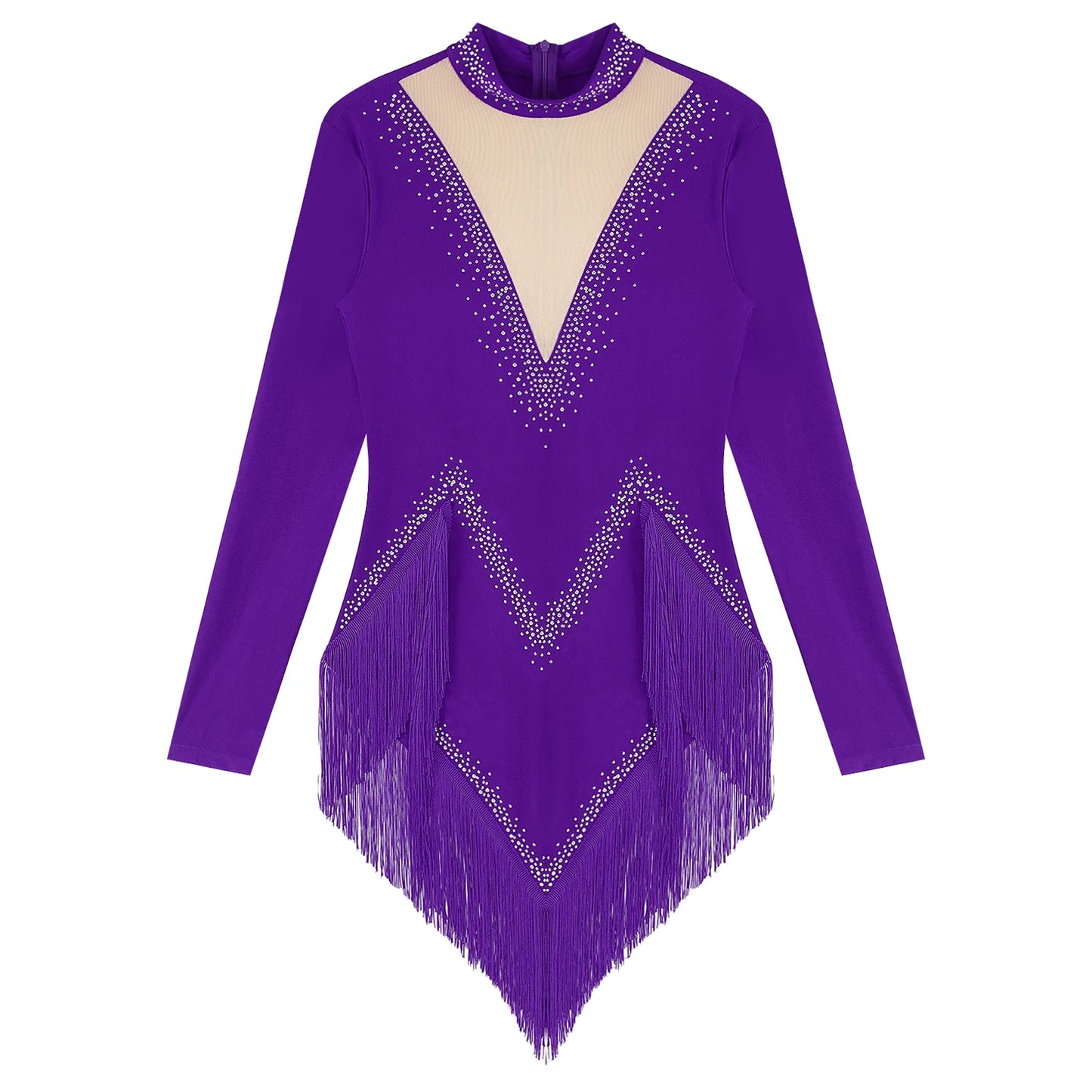 Womens Tassel Latin Tango Samba Dance Dresses Stage Performance Costume Long Sleeve Irregular Hem Shiny Rhinestones Dance Dress