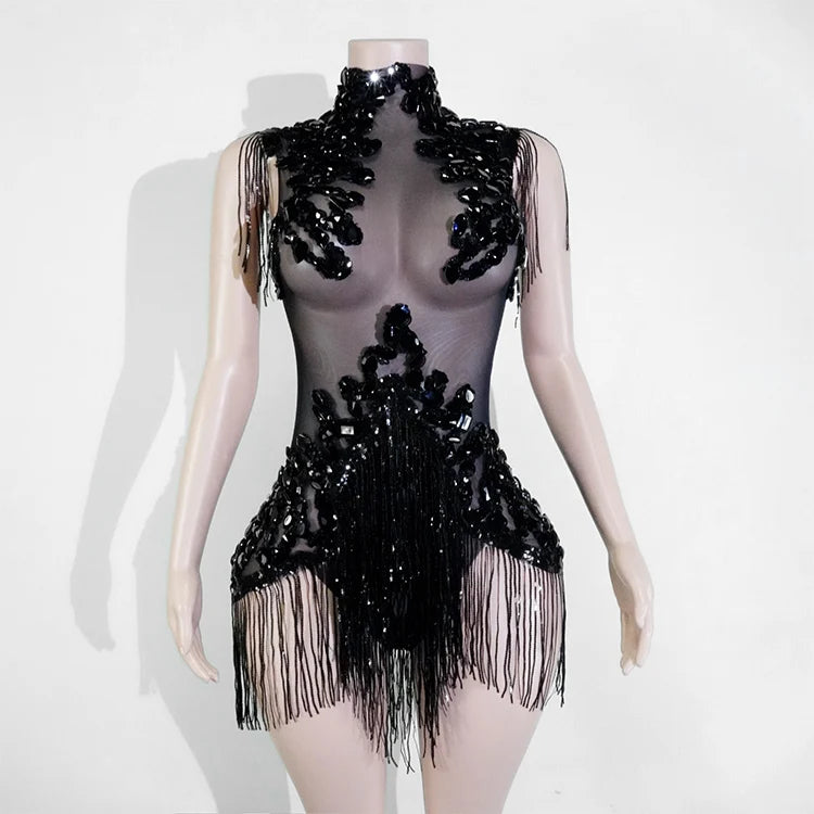 Sexy Mesh Sheer Black Rhinestone rhinestone Bodysuit Singer Dancer Show Stage Outfit Celebrate Party Night Club Performance Waer
