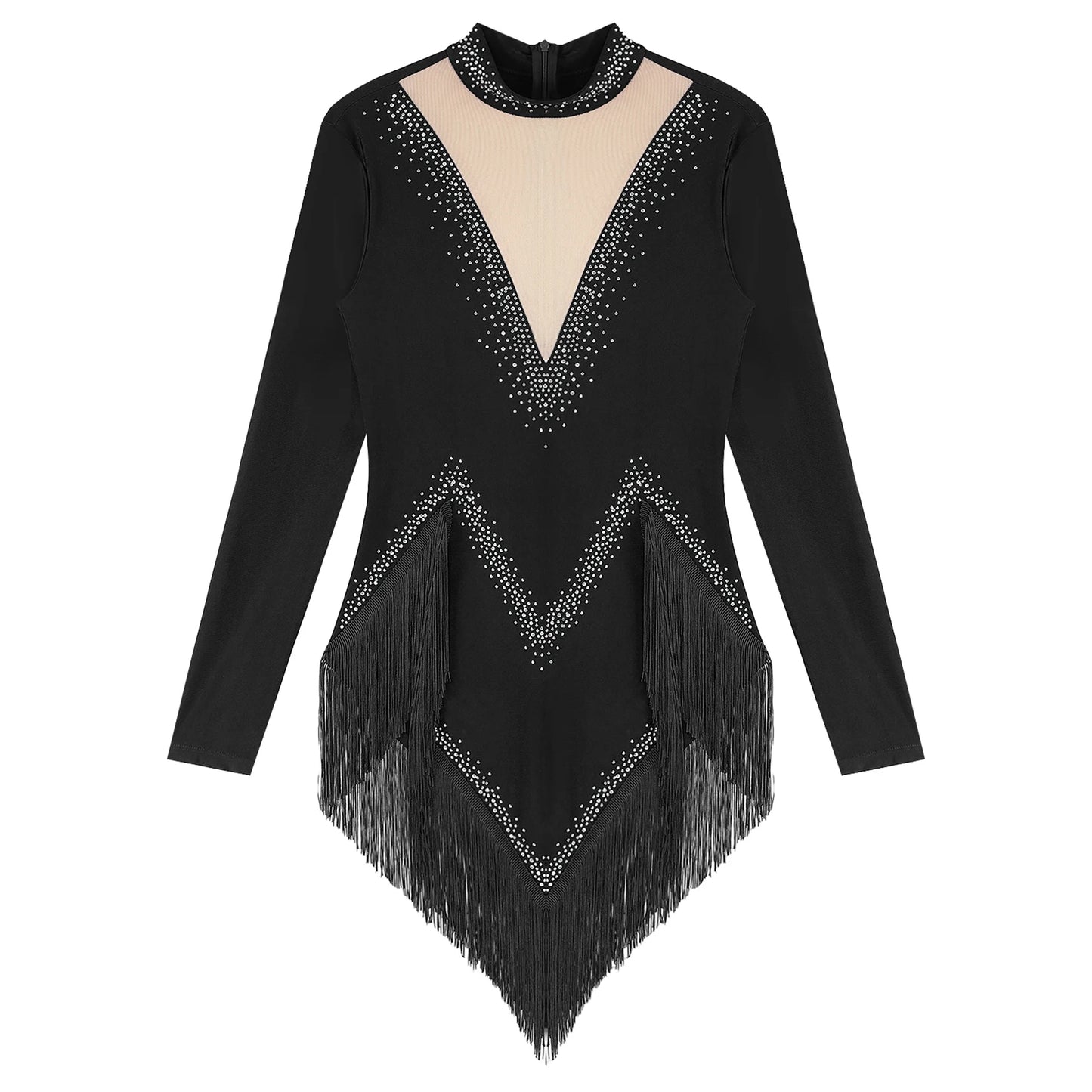 Womens Tassel Latin Tango Samba Dance Dresses Stage Performance Costume Long Sleeve Irregular Hem Shiny Rhinestones Dance Dress