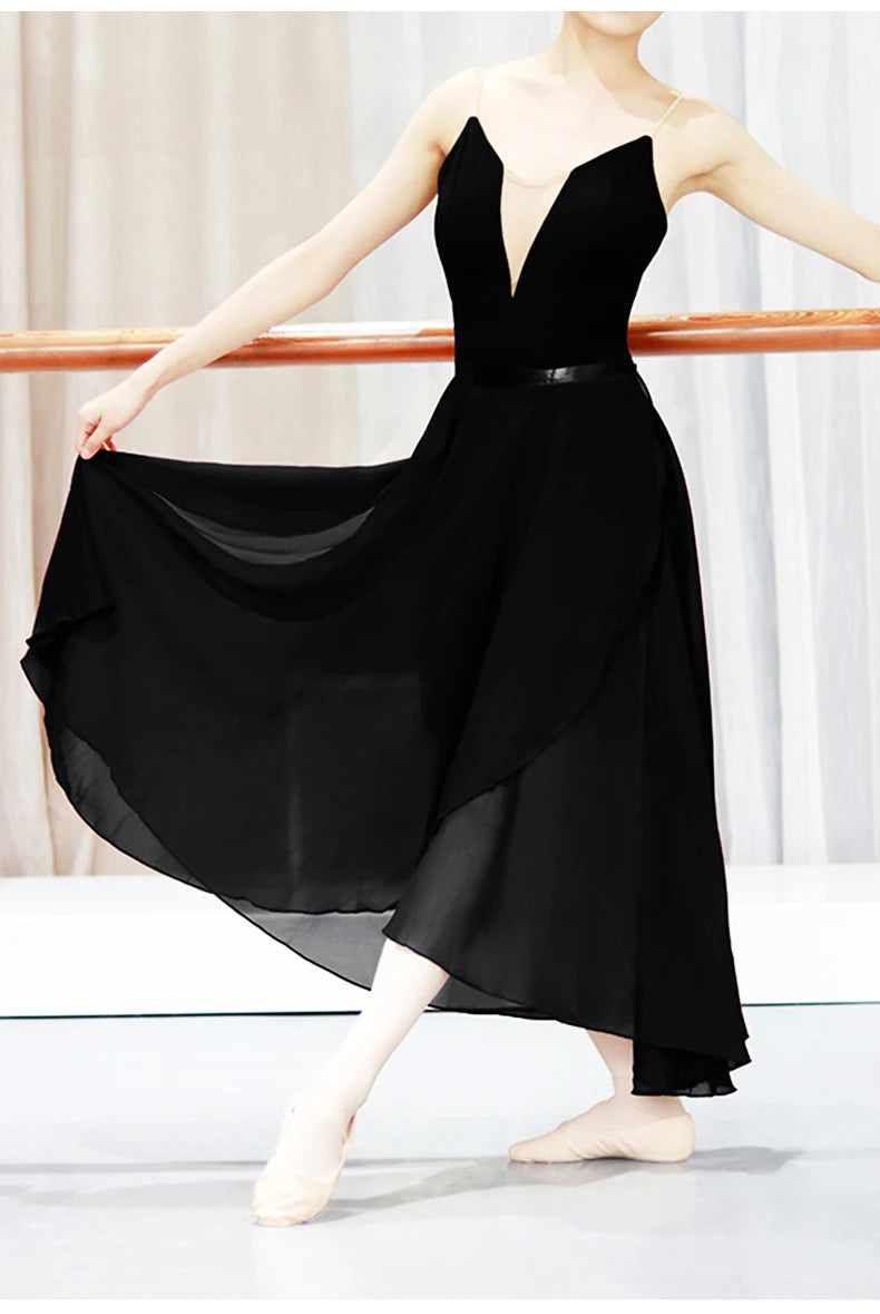 Adults Women Ballet Dance Skirts Long Chiffon Dance Skirts Lyrical Soft Ballet Dress Black Burgundy Translucent Dance Costumes
