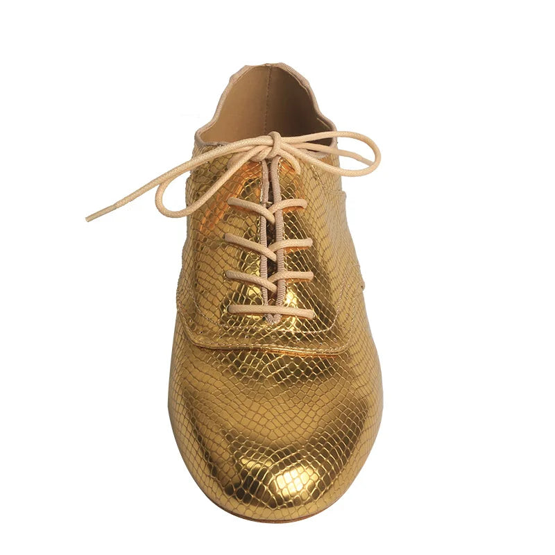 Wedopus Customized 2.5CM Heel Gold Snake PU Dance Shoes Suede Sole Men Ballroom Dancing Shoes with Lace-up