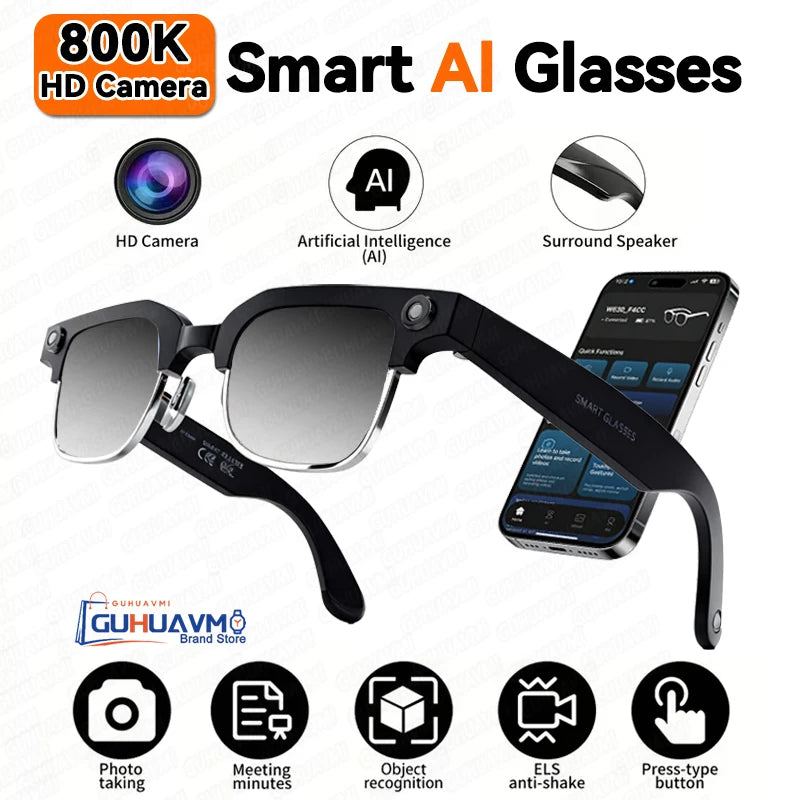 New 800W Smart Glasses 4K HD Camera 4GB Memory BT Call Voice Assistant Translate Touch Control Music Player sunglasses Men Women