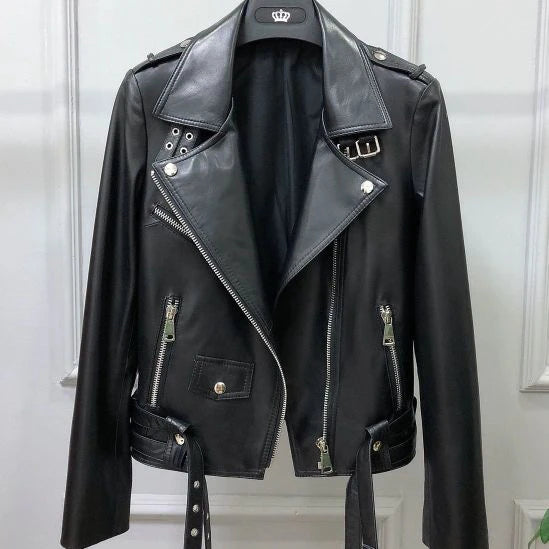 Spring 2025 Women's ort Genuine eepskin Leather Jaet Slimming Biker Coat Zipper Closure Commute Sle Regular Sve