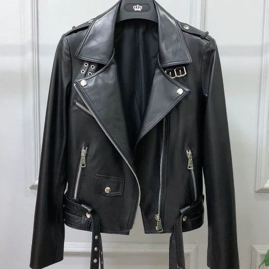 Spring 2025 Women's ort Genuine eepskin Leather Jaet Slimming Biker Coat Zipper Closure Commute Sle Regular Sve