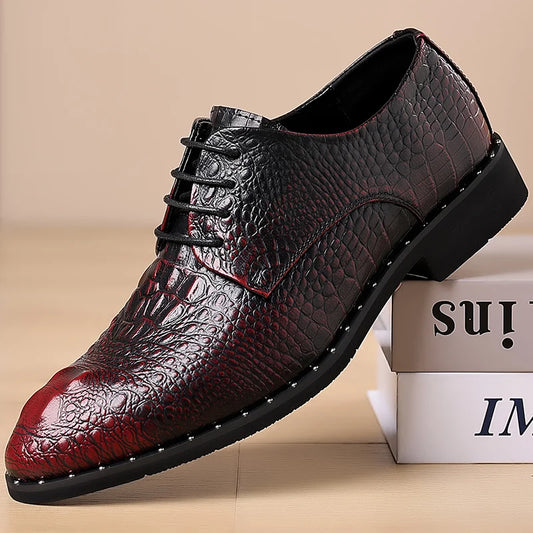 Men's Lace-Up Retro British-Style Casual Shoe Crocodile-Patterned Pointed Toe Formal Shoe Comfortable And Breathable Party Shoes