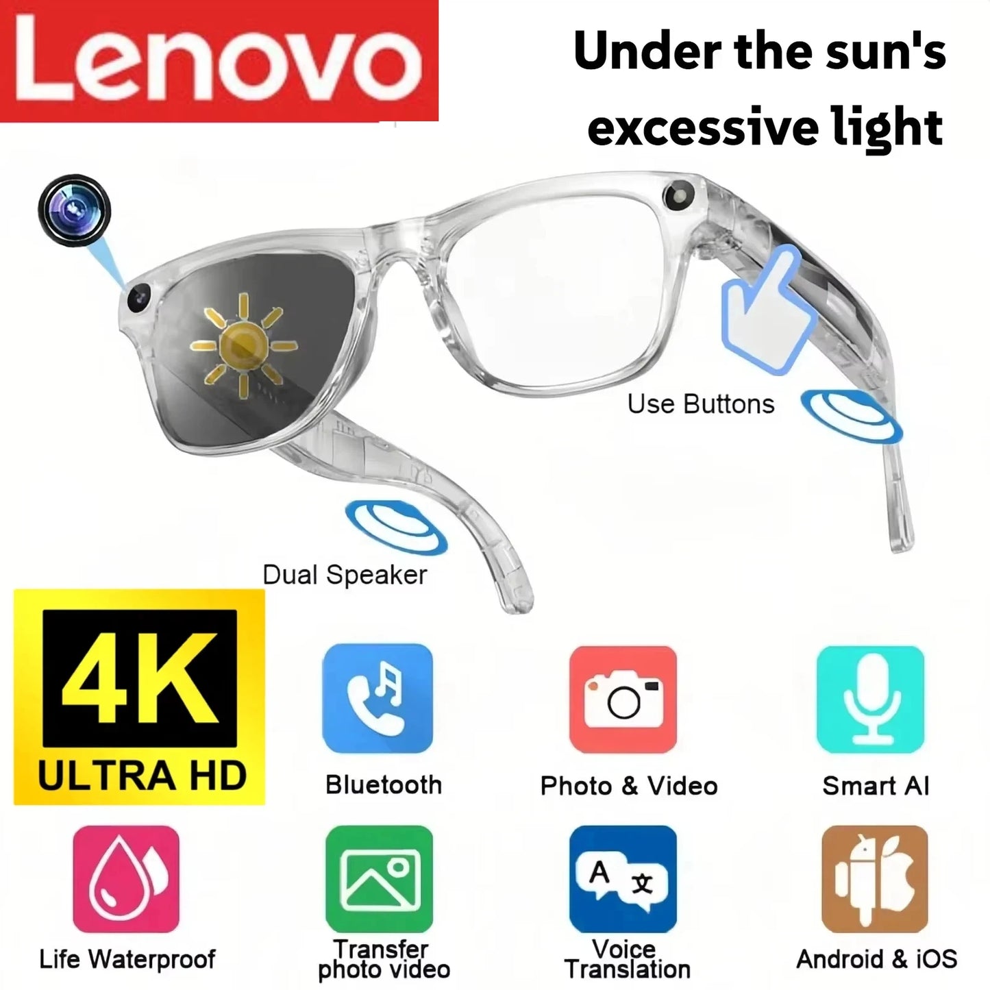 Lenovo 8K HD AI Smart Photochromic Glasses 4K Multifunctional Camera Bluetooth Call Voice Assistant Music Player Translate