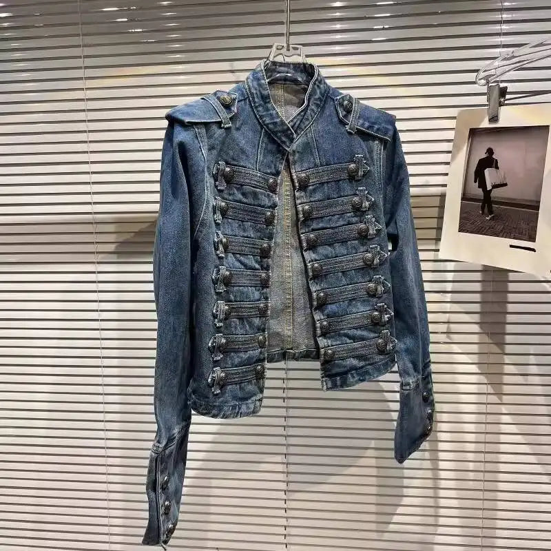DEAT 2025 Autumn New Fashion Metal Buckle Design Shoulder Strap Denim Short Jacket For Women High Street Coat Female 11A06995