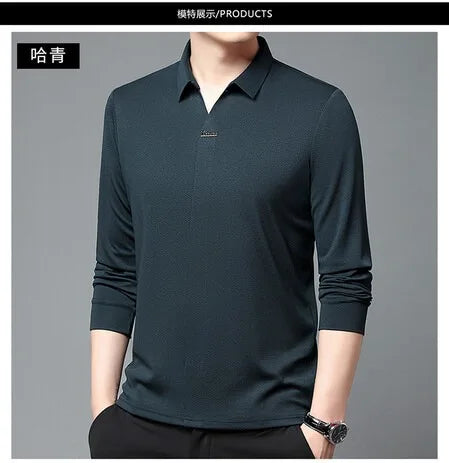 High End Mulberry Silk T-shirts Man Long Sleeve Tops Business Casual Elastic Non-iron Seamless Quality Luxurious Men Polo Shirts