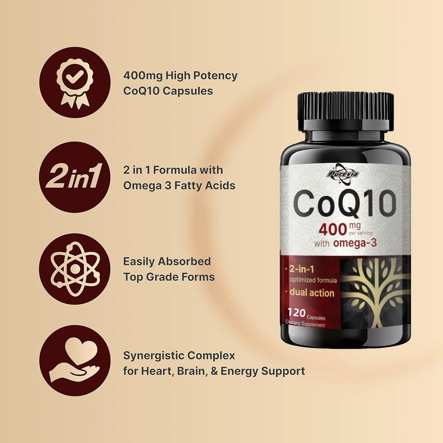 Coenzyme Q10 Capsules 400mg, for Circulation Stress Health and Body Energy, Better Absorption, Antioxidant