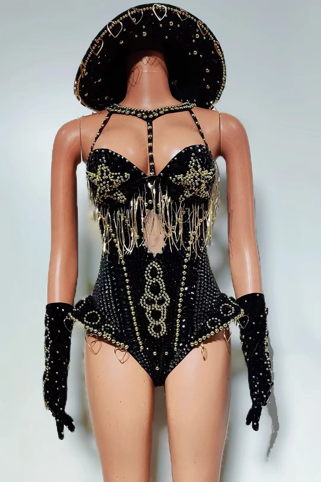 Women Sparkly Rhinestone Bodysuit 4Pieces Set Night Party Cowboy Show Outfit Cabaret Carnival Showgirl Sexy Jumpsuit Hongding