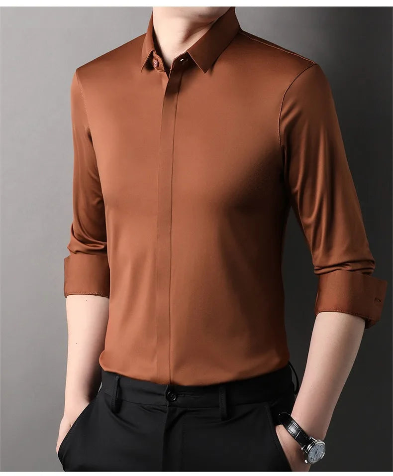 High end Mulberry Silk Dress Shirts Business Men Wrinkle Resistant Button Invisible Elastic Tops Luxurious Male Quality Clothing