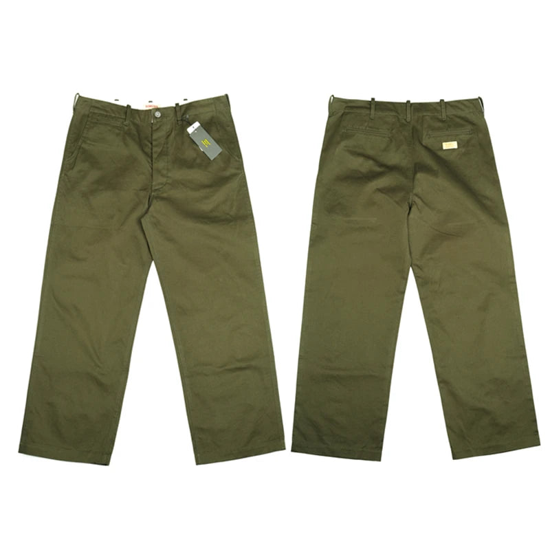 High Waist Wide Leg Khaki Pants American Retro Military Sle Chino Cuffed Double Silk Luster Straight Leg Workwear Trousers
