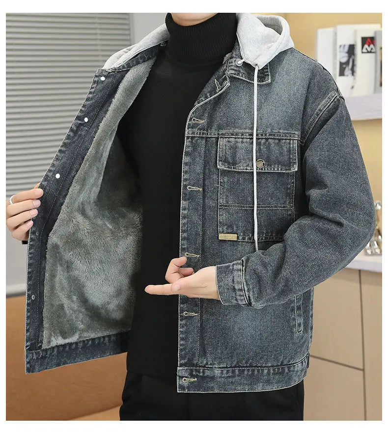 Winter Men's Denim Jacket Thicken Fleece Warm Coats Fashion Classic Hooded Slim Biker Jeans Jacket Outwear