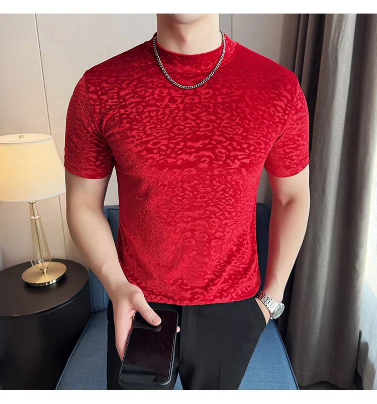 Men's T-Shirts Korean Fashion Gold Velvet Short Sleeve Mens Casual T Shirt Slim Fit Breathable Turtleneck Tee Shirt Homme 4XL-M