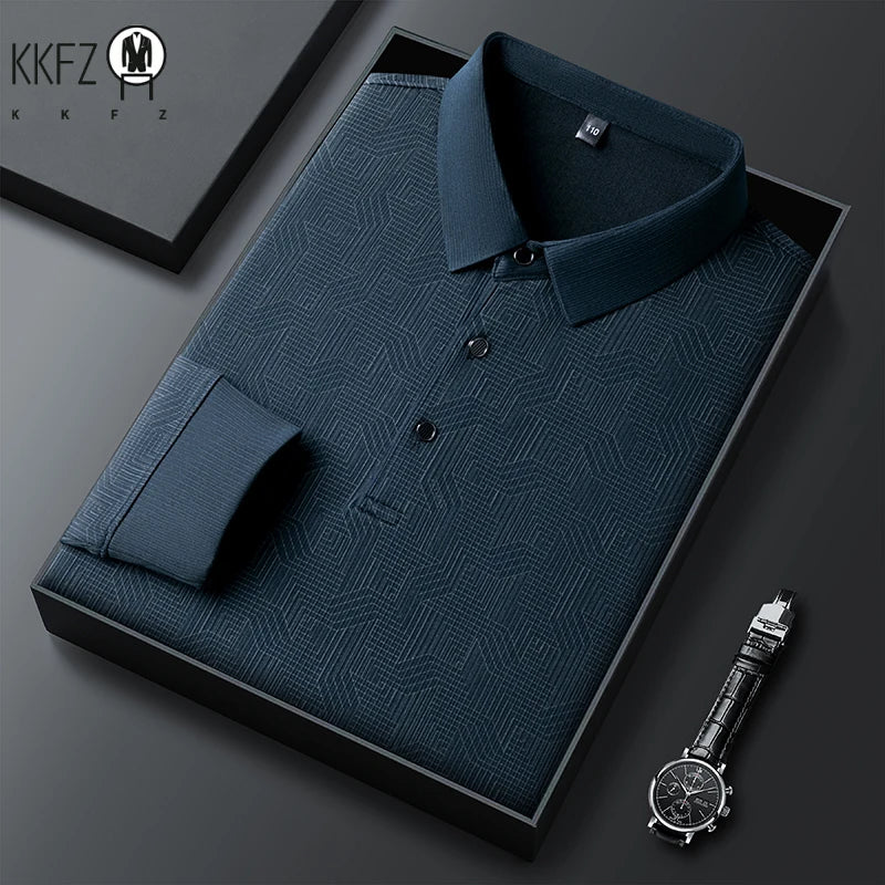 New Men's Business Casual Long Sleeved Shirt with Badge Solid Color Polo Shirt Fashionable Breathable Comfortable Versatile Top