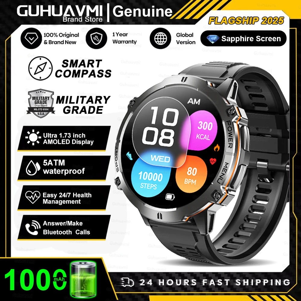 New Outdoor 1000mAh Battery Men Adult Smart Watch GPS Compass Altimeter 10ATM Waterproof Heart Rate BT Call Sport Man Smartwatch