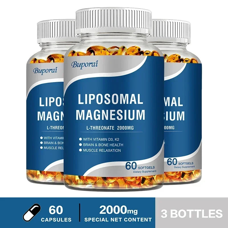 Liposomal Magnesium L-Threonate - Containing Vitamin D3 and K2, Supports Brain, Bone, Heart, Muscle and Promotes Sleep