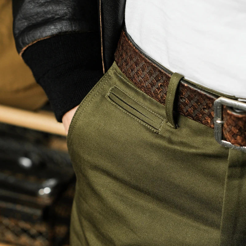 High Waist Wide Leg Khaki Pants American Retro Military Sle Chino Cuffed Double Silk Luster Straight Leg Workwear Trousers