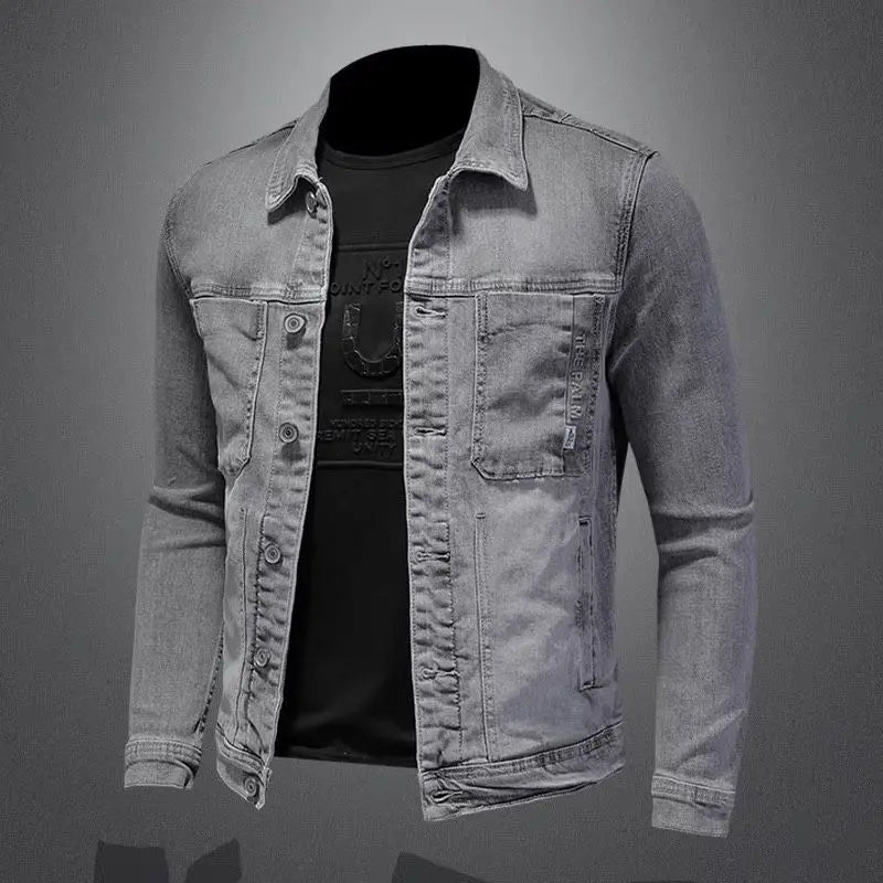 2025 Men's Autumn Winter Brand Casual Cotton Jacket with American Retro Motorcycle Embroidered Street Fashion Grey Jeans Coat