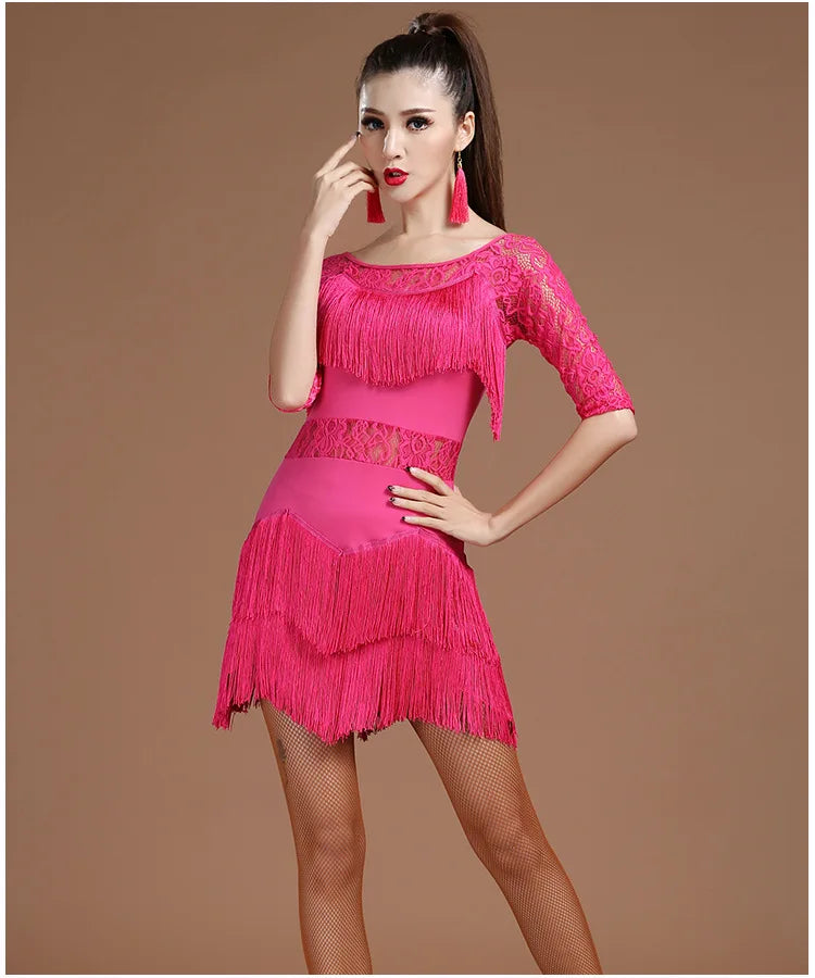 Red Latin Dance Costumes Women Salsa Dancewear Dance Costume Dresses Ballroom Competition Dresses Tango Adult Fringe Sequin