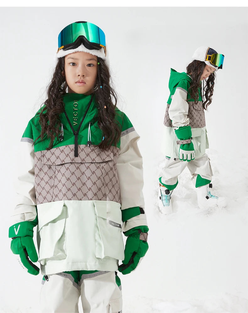 VECTOR Ski Wear Children Hooded Sweater Reflective Boys and Girls Ski Wear Thickened Warmth Waterproof Ski Equipment Ski Jacket