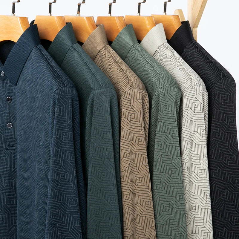 New Men's Business Casual Long Sleeved Shirt with Badge Solid Color Polo Shirt Fashionable Breathable Comfortable Versatile Top