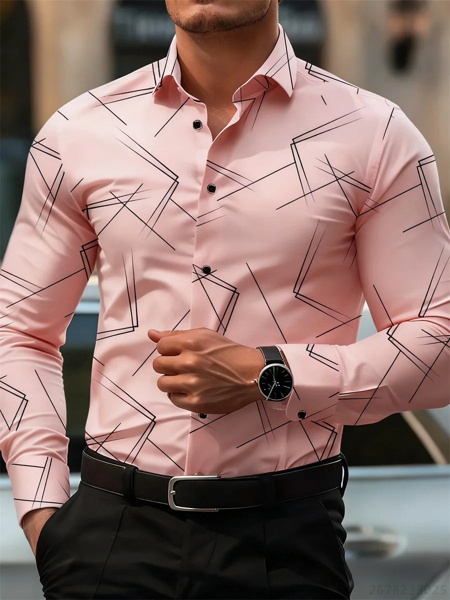 Men's trendy geometric line print long-sleeved shirt Business casual fashion design slim fit non-iron versatile ins style shirt