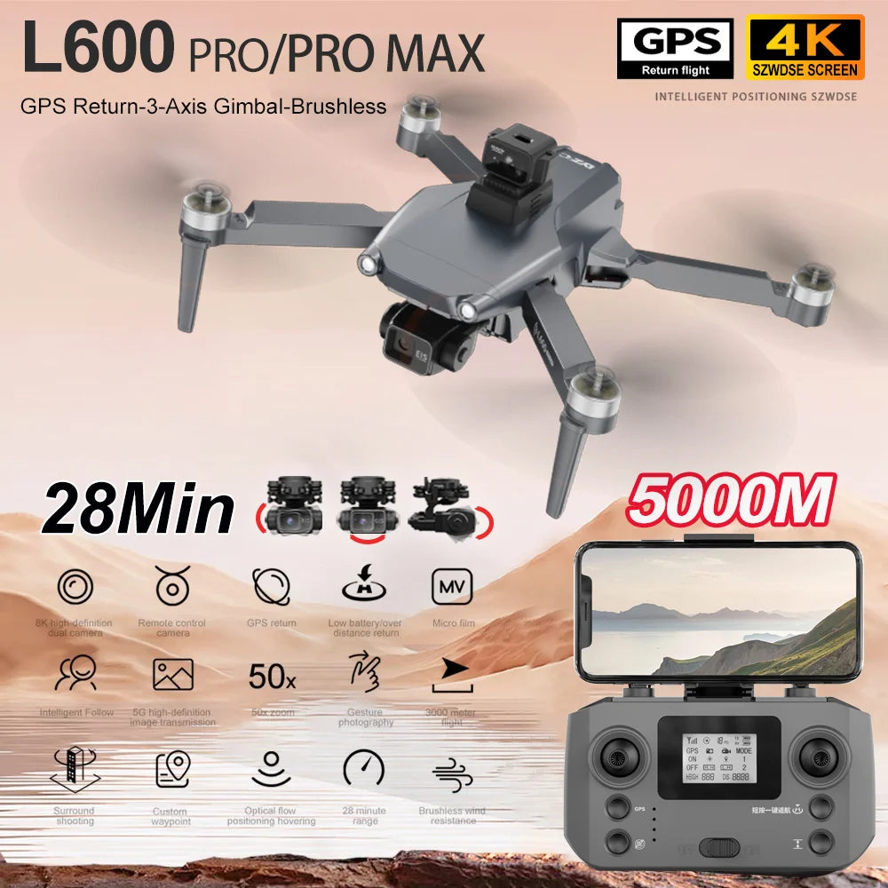 L600 PRO MAX / PRO GPS Drone Professional 4K HD Dual Camera 3-Axis PTZ Brushless Obstacle Avoidance 5G WIFI RC Quadcopter Toys