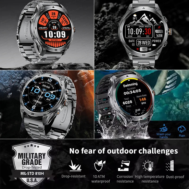 2026 New Military Smart Watch 1000Mah Battery GPS Compass 10ATM Waterproof Tactics Sports Flashlight BT call Smart Watch For Men