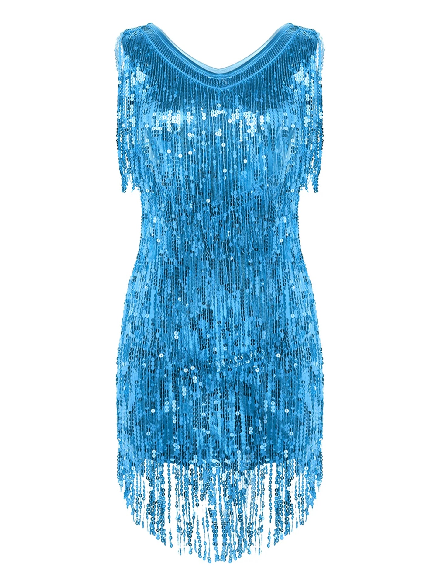 Women Latin Dress Shiny Sequin Sleeveless Tassels Fringed Dress Tango Samba Rumba Ballroom Salsa Jazz Dance Performance Costume