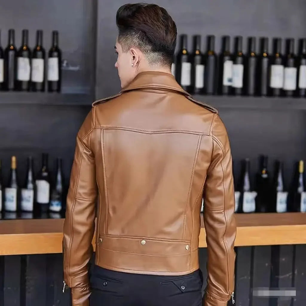 Men's Slim Fit PU Leather Jacket Fashionable Motorcycle Style Spring Autumn Korean Version Casual Outerwear Male Biker Coat