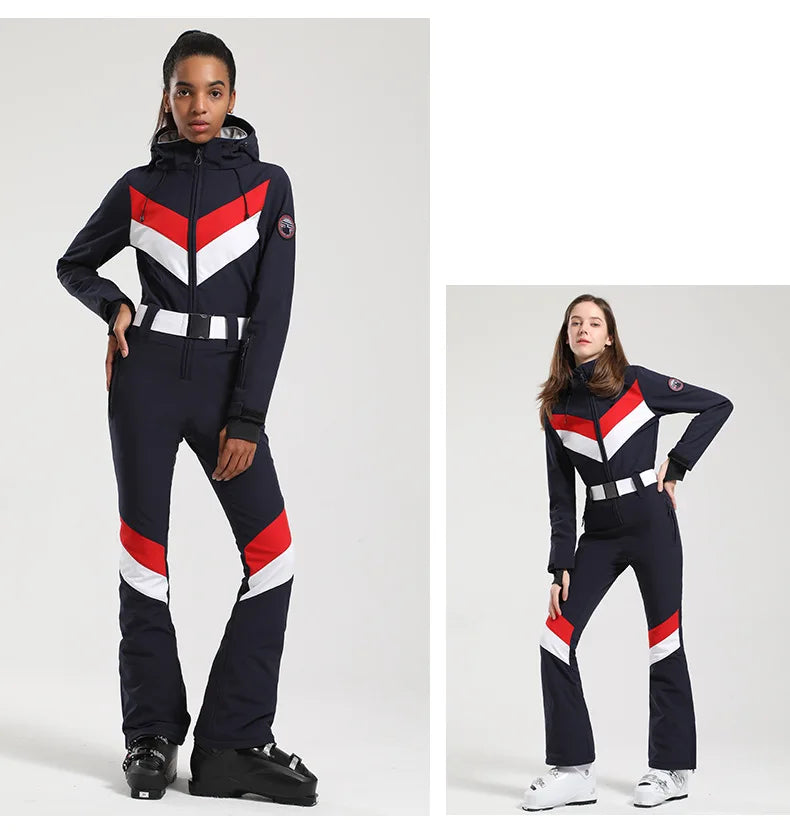Women One Piece Ski Suit Winter Snowboard Jumpsuit Waterproof Windproof Thicken Hooded Outdoor Sport Wear for Mountain Hiking
