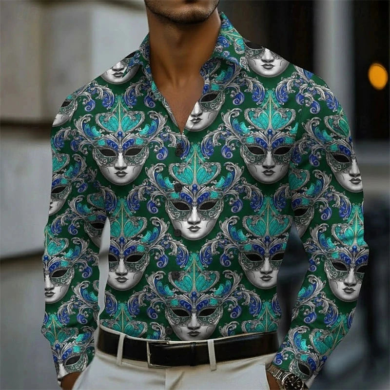 Men's Carnival Themed Feather Mask Print Long-Sleeve Shirt, Fashionable Street Style Party Casual Loose Fit Men's Top XS-6XL