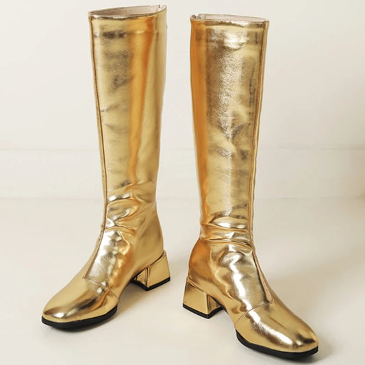 Women's Knee High Boots Winter Shoes 2025 Gold Silver Low Heeled Long Boot Ladies Party Footwear Shoes Large Size 45 Waterproof