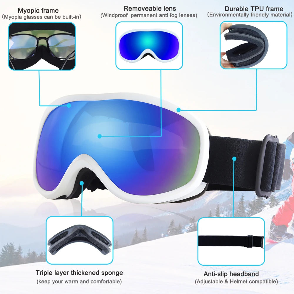 BOLLFO Snowboard Goggles Dual Lens Anti-Fog UV400 Ski Goggles for Men Women TPU OTG Skiing Snowmobile Glasses for Adult Youth