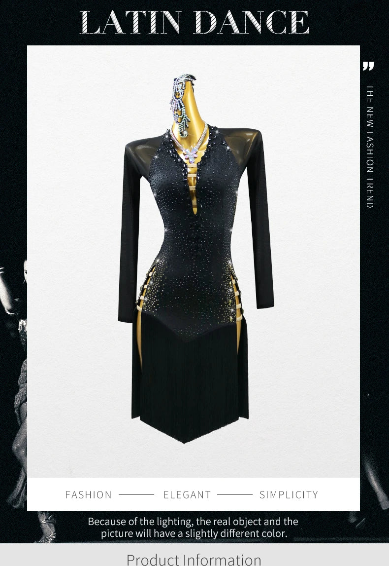 Black Latin Dance Dress Stage Clothes Women Costume Outfit Sport Line Wear Girls Prom Skirt Party Evening Female Suit Customized