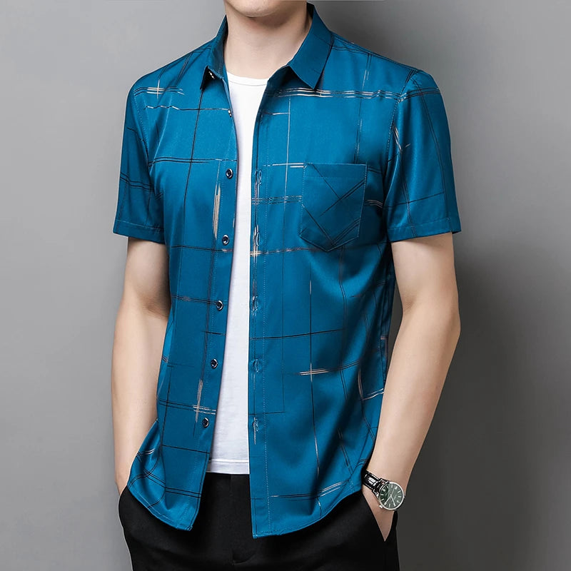 Men's Business Casual Short Sleeve Shirt New No Iron Wrinkle Resistant Top Easy Care Comfortable Fit for Office And Work