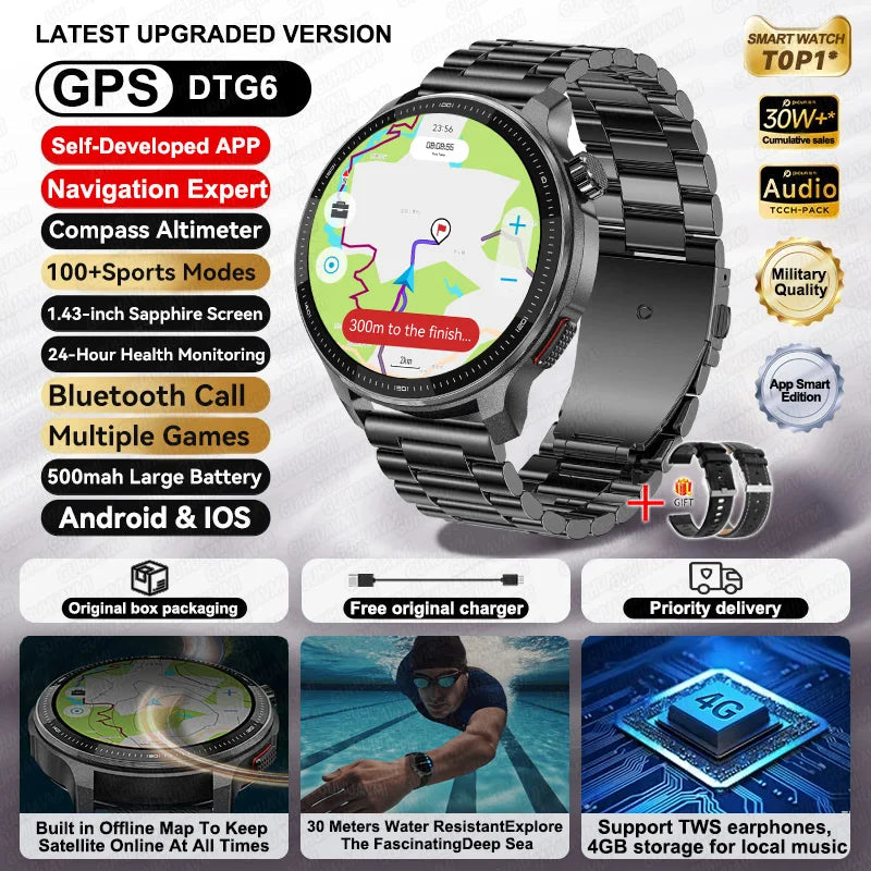 2026NEW GPS Offline Maps Sport Smart Watch Men 4GB Memory Music Video Player AMOLED 3D Menu Style Swim Waterproof Smart Bracelet