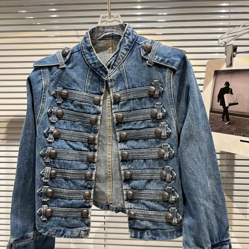 DEAT 2025 Autumn New Fashion Metal Buckle Design Shoulder Strap Denim Short Jacket For Women High Street Coat Female 11A06995