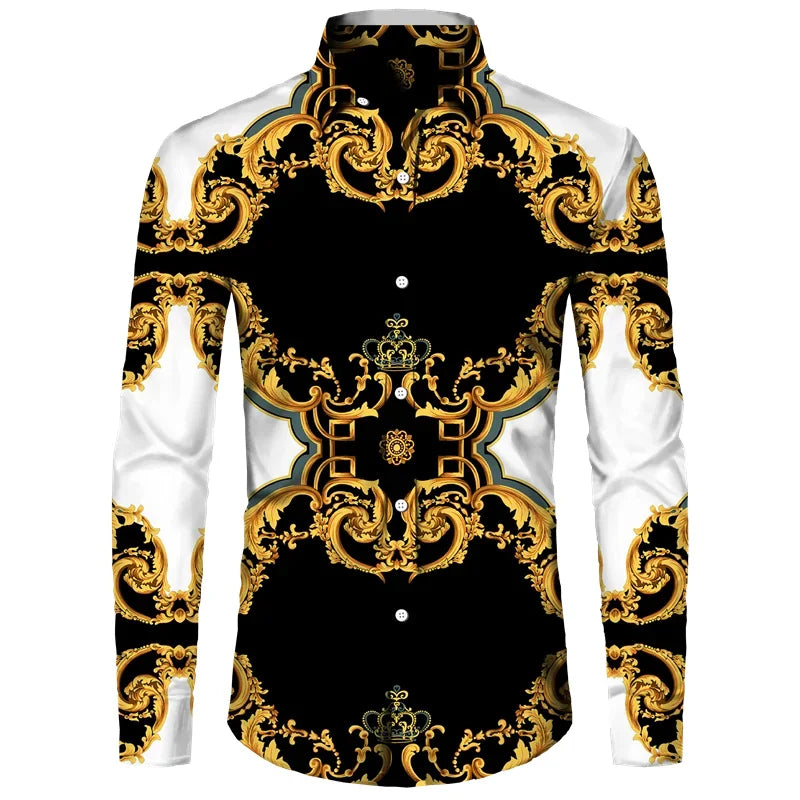 2024 New Luxury Golden Flower Chain 3D Print Men Long Sleeve Shirt Casual Mens Designer Clothing Streetwear Lapel Button Shirts