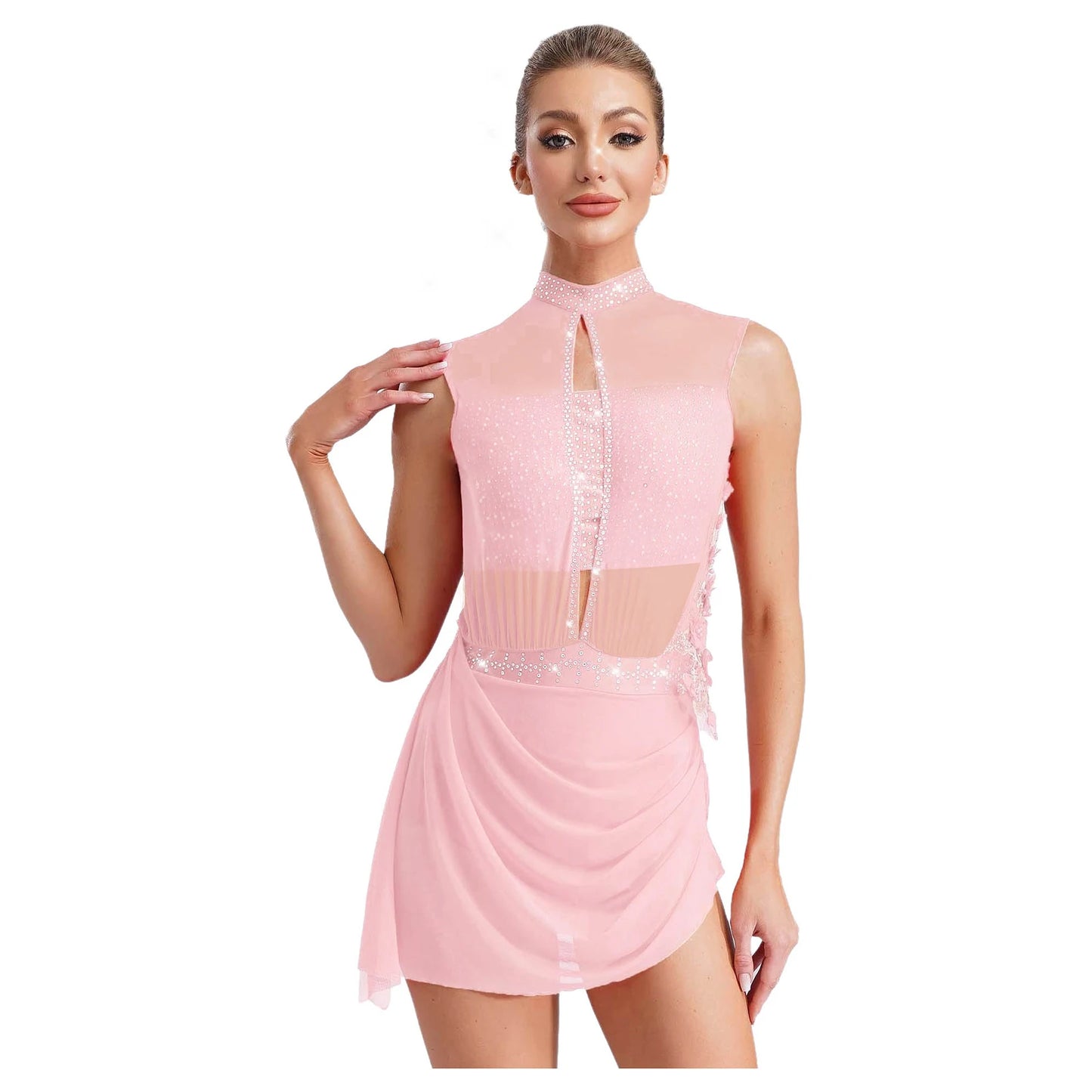 Women Lyrical Dance Dress Ballet Figure Skating Gymnastics Stage Performance Costume Sleeveless Rhinestones Applique Leotards