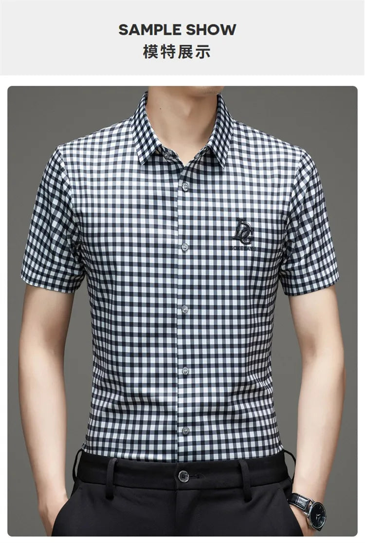 High End Man's Plaid Shirts Non-iron Business Fashion Leisure Tops Luxurious Male Short Sleeve Summer Quality Thin Shirt for Men