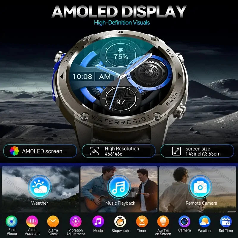 For Xiaomi Huawei Men GPS SmartWatch 2024 New Bluetooth Call 1.43inch AMOLED Compass 500mAh Battery 10ATM Waterproof Smart Watch