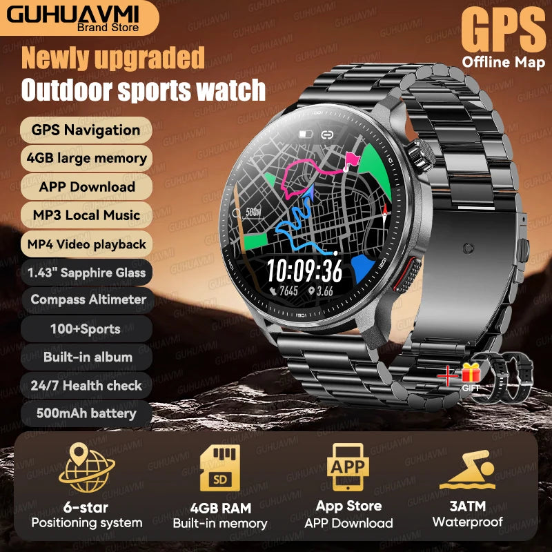 Newly T-Rex3 Ultra 4GB Memory GPS Sports Smart Watch Offline Map 1.43" AMOLED Display 3ATM Flash Charge Fitness Call Smartwatchs