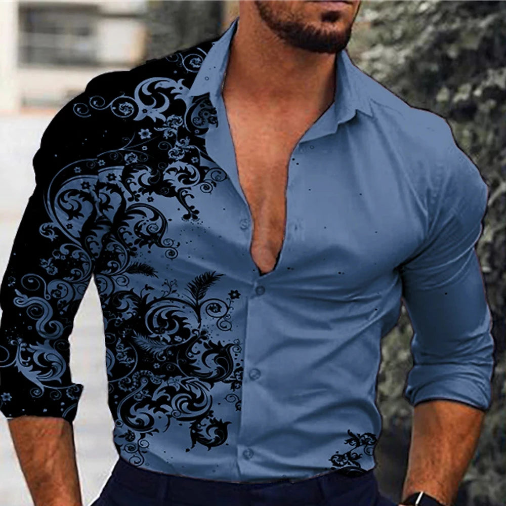 Men's red patterned long-sleeved shirt men's casual versatile fashion street men's shirt lapel single-breasted long sleeve